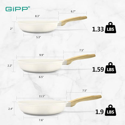 GiPP Non Stick Frying Pan Set - 8" 9.5" 11" Granite Nonstick Pan Skillet, Non Toxic Pans for Cooking, Omelette Pan with Stay Cool Handle, Induction Compatible, PFAS/PTFE/PFOA Free, White