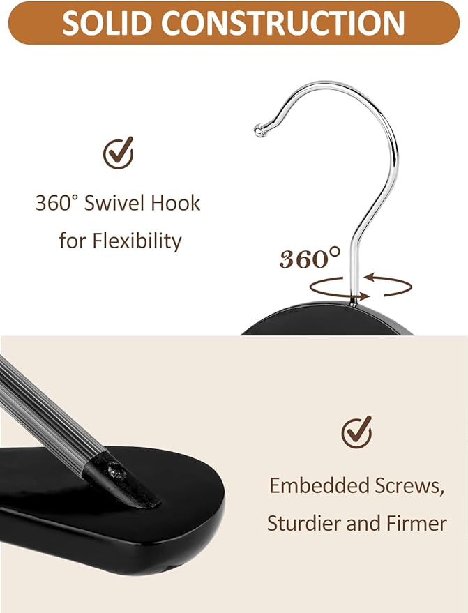 AMKUFO Wide Shoulder Wooden Hangers 8 Pack Coat Hangers with Non Slip Pants Bar, Heavy Duty Suit Hangers Wood Clothes Hangers with Smooth Finish 360° Swivel Hook for Sweater Jackets Shirts Black