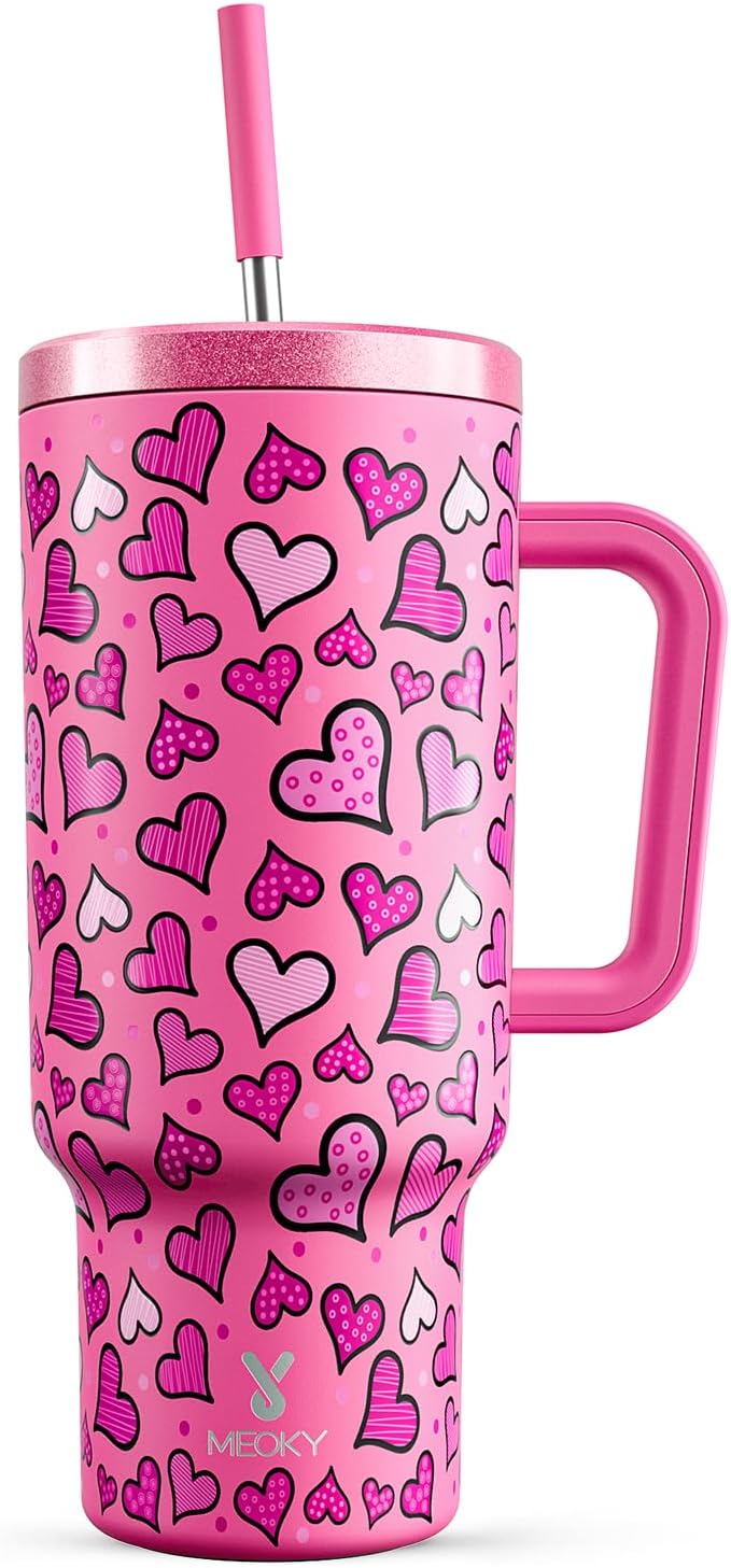 Meoky 40 oz Tumbler with Handle and Straw: Stainless Steel Insulated Tumbler with Lid and Straw - 100% Leak Proof Tumbler for Car Cup Holders - Travelers Commuters Workers, Blush Heart