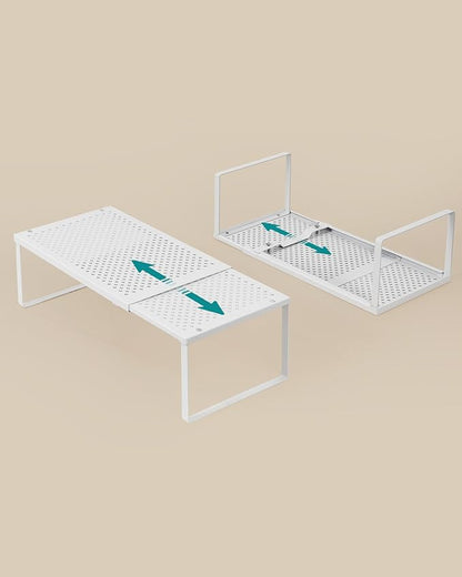 SONGMICS Spice Rack, Expandable Kitchen Countertop Shelf, Small Cupboard Organizer, Metal, Space-Saving Tabletop Shelf, Matte White UKCS007W01