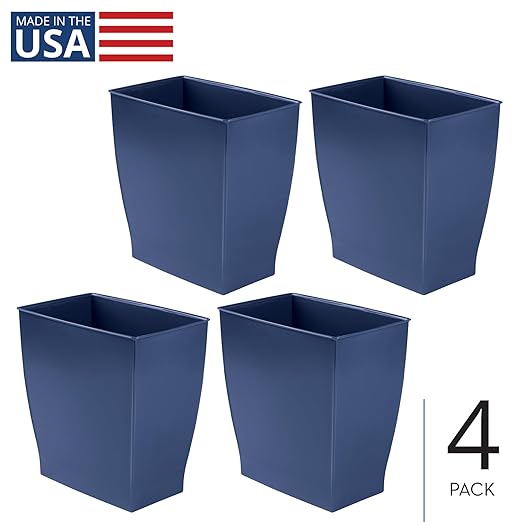 iDesign Small Plastic Bathroom Trash Can, Slim Rectangle Garbage Bin for Bedroom, Office, Dorm, 4-Pack, Navy Blue
