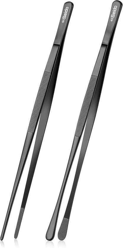 Seido 2-Piece Serving Tweezer Set 12-Inch – Professional Stainless Steel Kitchen Tongs with Fine Tip & Flat Tip, Non-Slip Grip, Heat-Resistant Precision Tools for Cooking, Plating & Garnishing