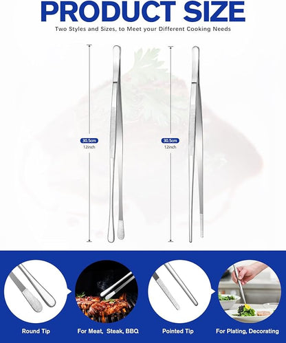 2 Pcs 12-Inch Kitchen Tweezers Fine Tweezer Tongs, Stainless Steel Professional Long Cooking Tweezers for BBQ, Sea Food, Repairing and Serving (SILVER)