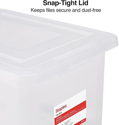 STAPLES Hanging File Folder Box, Storage Bin Organizer, Snap Lid, Letter & Legal Size Documents, Clear