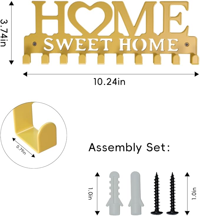 Key Holder Wall Mounted with Screws and Anchors, Gold Multifunctional Key Hanger with 10 Hooks, Entryway Front Door Kitchen Hallway Garage Office
