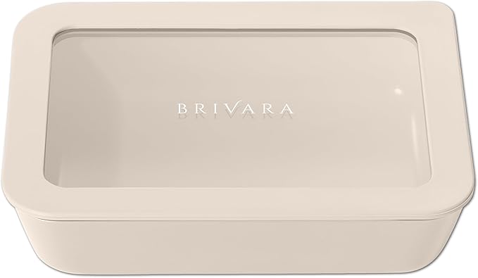 BRIVARA HOME Ceramic Coated Glass Food Storage Container | No PTFE, PFOA, PFAS, and BPA | Reusable Non Toxic Meal Prep Container with Glass Lid | Easy To Store | 3 Cup Rectangle [Crema]