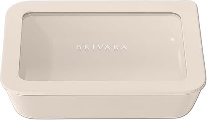 BRIVARA HOME Ceramic Coated Glass Food Storage Container | No PTFE, PFOA, PFAS, and BPA | Reusable Non Toxic Meal Prep Container with Glass Lid | Easy To Store | 3 Cup Rectangle [Crema]