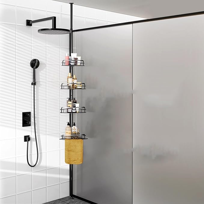 Shower Caddy Corner Tension Pole, 4 Tier Adjustable Corner Shower Organizer with Trays, Floor to Ceiling Tension Shower Caddy with 2 Hooks, 31.5 to 111 Inch, Towel Rack Holder, Black