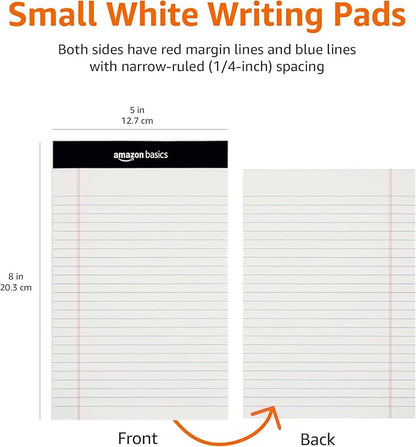 Amazon Basics Narrow Ruled Lined Writing Note Pads for Notes, Office Supplies, 5" x 8", White, 12-Pack of 50 Pages, Perforated