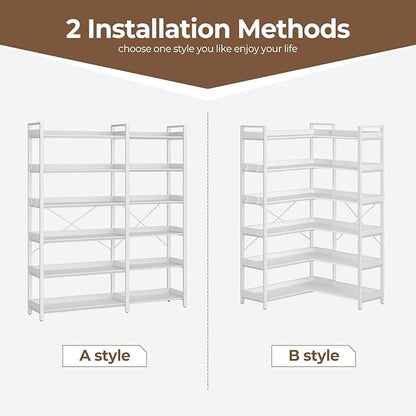 Rolanstar Bookshelf 6 Tier with 4 Hooks, Reversible Corner Bookshelf, 69" Industrial Wooden Bookcase with Open Shelves and Metal Frame for Living Room, Bedroom, Home Office, White