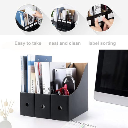 Foldable Desk File Holder Organizer Sturdy Cardboard Magazine Storage Box Document Rack with Blank Label Stickers for Home School Office (15, Matte Black)