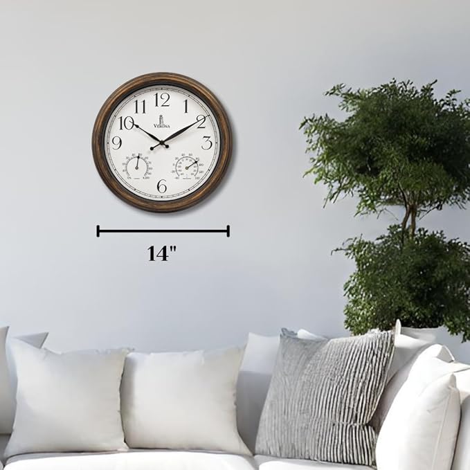 Outdoor Clocks for Patio Waterproof with Thermometer - 14 inch Indoor Outdoor Clock with Temperature and Humidity - Weatherproof, Accurate & Easy to Read Wall Clock for Pool, Patio, Garden &Home Decor