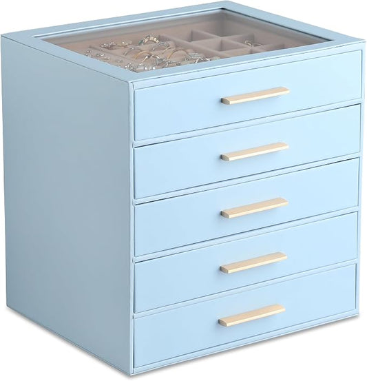 Frebeauty Clear Lid Jewelry Box,5-Layer Jewelry Organizer with Drawer,PU Leather Jewelry Organizers and Storage,Jewelry Boxes for Women,Jewelry Storage for Rings Earring Stud,Gift for Women(Sky Blue)