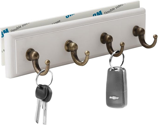 Key Holder for Wall Adhesive, No Damage Small Key Rack with 4 Hooks for Camper, RV or Office, Wooden