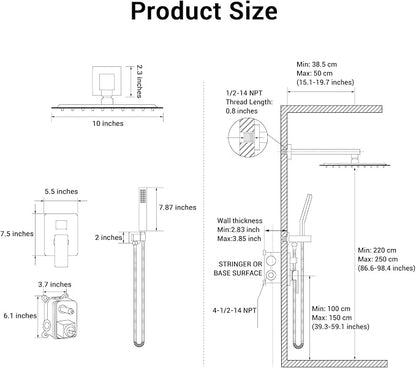 10" Square Rain Shower Faucet Set, Wall Mount, Brush Nickel | 304 SS, air tech boosts pressure 50%, dual spray, anti-fingerprint