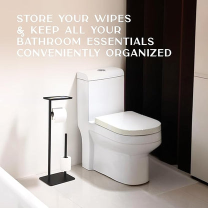 Day Moon™ Matte Black Toilet Paper Holder Free Standing Toilet Paper Holder with Storage - Toilet Paper Stand and Tissue Holder for Bathroom - Toilet Paper Holder with Shelf and Wipe Holder