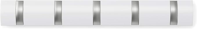 Umbra Flip Wall-Mounted Coat Rack with 5 Hooks – Modern, Space-Saving Storage for Hats, Jackets, Bags, Entryway, Mudroom, Closet, Bathroom, Bedroom – White/Nickel