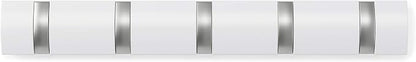Umbra Flip Wall-Mounted Coat Rack with 5 Hooks – Modern, Space-Saving Storage for Hats, Jackets, Bags, Entryway, Mudroom, Closet, Bathroom, Bedroom – White/Nickel