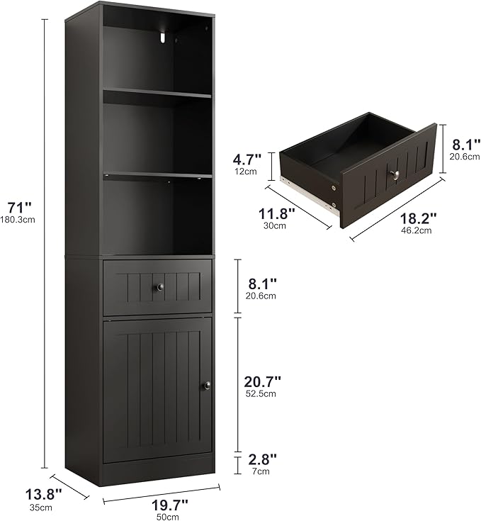 Farmhouse 71" Tall Bookshelf with Drawer, Narrow Bookcase with Adjustable Left/Right Door, Adjustable Shelf, Freestanding Display Book Shelf for Bedroom,Living Room, Office, Black
