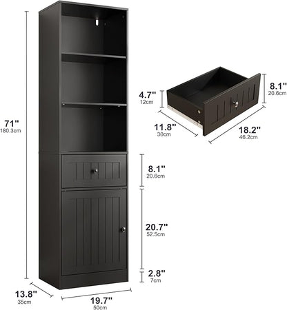 Farmhouse 71" Tall Bookshelf with Drawer, Narrow Bookcase with Adjustable Left/Right Door, Adjustable Shelf, Freestanding Display Book Shelf for Bedroom,Living Room, Office, Black