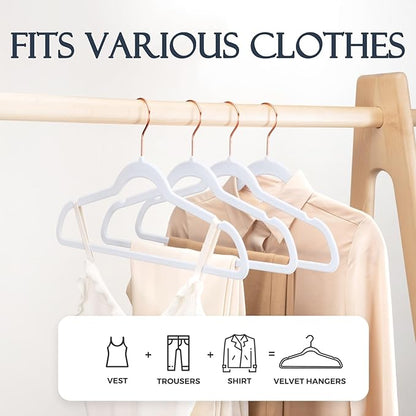 HOUSE DAY White Velvet Hangers 60 Pack, Premium Non-Slip Felt Clothes, Sturdy Heavy Duty Coat, Durable Hangers for Suits, Space Saving with No Hanger Mark, 360° Swivel Rotating Rose Gold Hook