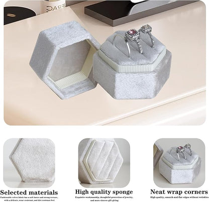 Wedding Ring Box 3 Slots - Hexagon Velvet Ring Box, Detachable Lid Three Slots Jewelry Ring Gift Box, Gorgeous Vintage Premium Ring Bearer Boxes for Proposal Engagement