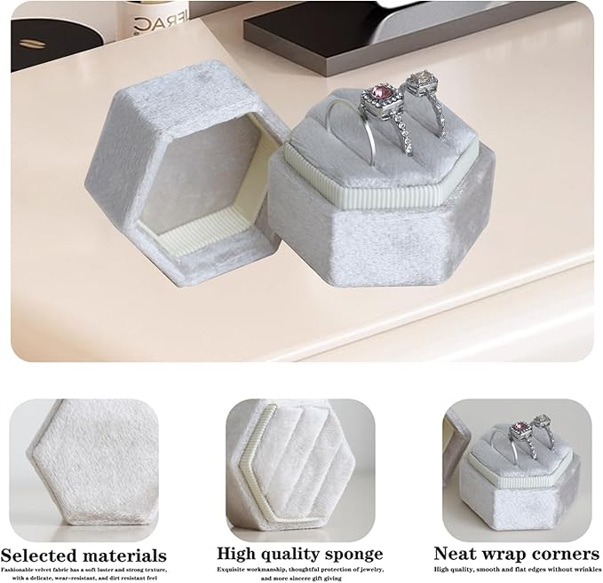 Wedding Ring Box 3 Slots - Hexagon Velvet Ring Box, Detachable Lid Three Slots Jewelry Ring Gift Box, Gorgeous Vintage Premium Ring Bearer Boxes for Proposal Engagement (Beige)