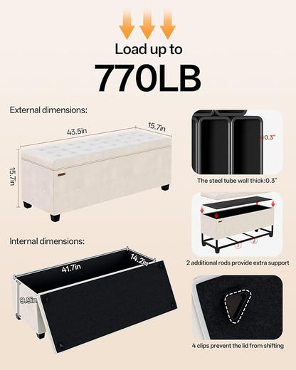 Velvet Storage ottoman bench with legs,43.5”W x 15.7”D x 15.7”H,metal frame end of bed bench hold up to 770 LB,Large Storage Chest hold up to 770 LB,White UASND623W