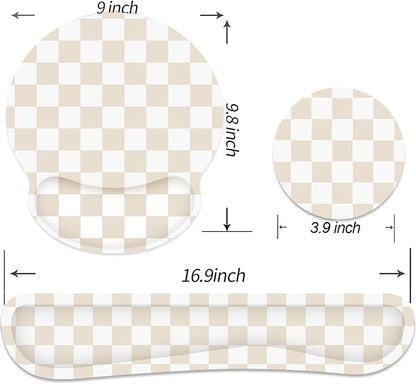 Ergonomic Mouse Pad with Wrist Rest and Keyboard Wrist Rest, Mousepad and Keyboard Pad, Non-Slip Rubber Base, Pain Relief, Mouse Pad with Wrist Support for Gaming, Computer, Office, Beige Checkered