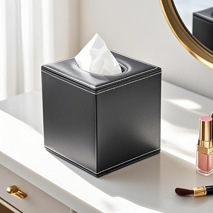 KINGFOM Square Pu Leather Tissue Box Cover, Modern Facial Tissue Holder, Roll Tissues Paper Case Dispenser for Bathroom Vanity Countertop, Night Stands, Office Desk & Car(Black)