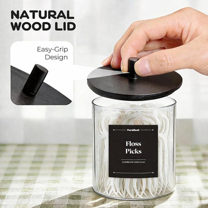 Glass Qtip Holder Dispenser Set - 15oz & 10oz Cotton Swab Holder with Black Wooden Lids, Bathroom Canisters Apothecary Jar Vanity Storage Organizer for Cotton Balls, Floss Picks (4 Pack)