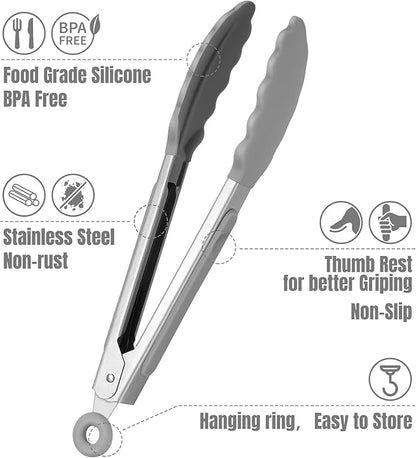 Hotec Mini Silicone Kitchen Tongs for Cooking - 7-Inch Small Serving Tongs with Silicone Tips, Set of 3 (Grey)