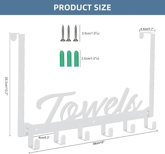 Azmoncy Over The Door Hooks - Wall Mount Towel Hanger with 6 Hooks for Bedroom Bathroom Kitchen Towels, Bag, Coats, Hats - White