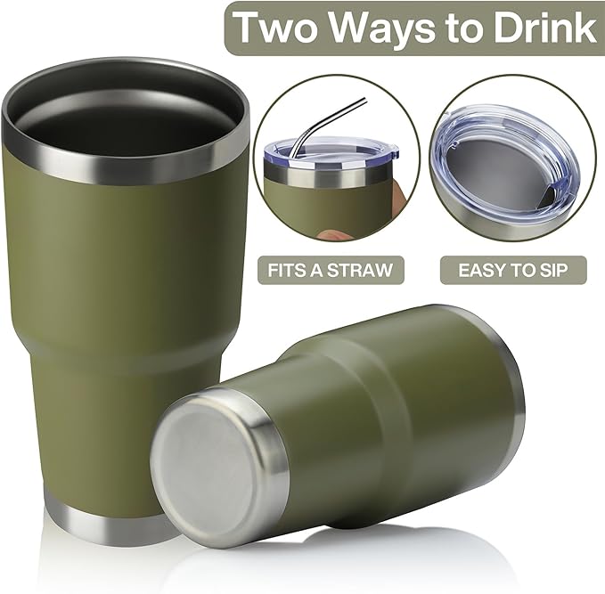 MEWAY 30oz Insulated Tumbler With Lids and Straws,Stainless Steel Double Vacuum Coffee Tumbler Cup, Brush, Durable Powder Coated Coffee Cup for Cold & Hot Drinks, Office, Travel(Army Green,4 PACK)