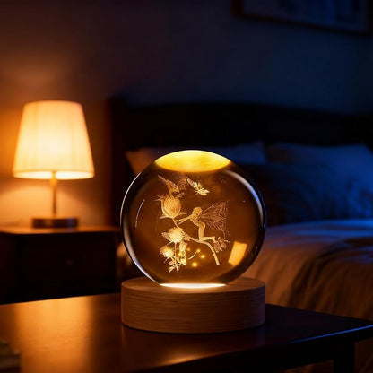 3D Fairy Flowers Crystal Ball, 3D Laser Engraved Rose Butterfly Night Light, Decorative Crystal Sphere, Decorative Light Ideas Gifts for Mom Wife Couple Girls Women Fairy Lovers Novelty Home Decor
