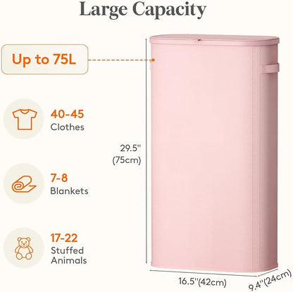 Lifewit Slim Laundry Basket with Lid, Narrow Large Laundry Hamper with Plastic Handles and Removable Bag, Tall Foldable Dirty Clothes Hampers for Laundry Room, Bedroom, Bathroom, Dorm, 75L Pink