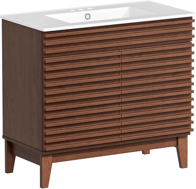 ROOMTEC 36" Bathroom Vanity with Sink, Mid-Century Freestanding Bathroom Vanity Sink with Storage, Undermount Ceramic Sink, Particleboard Frame with Wood Grain Laminate, Walnut
