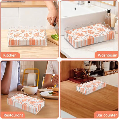 Clear Acrylic Napkin Holder, Thick Scalloped Tray for Bathroom Kitchen Dining Room, Crystal Clear Table Cocktail Napkin Holder, Disposable Paper Hand Towels for Parties, Weddings