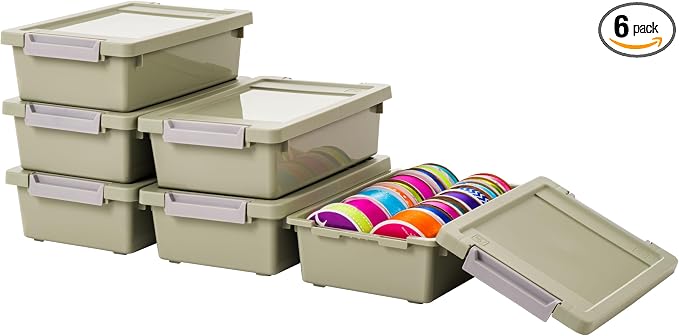 IRIS USA 2 Qt. Craft Storage Bins with Lids, 6-Pack, |Made in USA|, Clip Box, Small Plastic Sensory Bin Tote Organizer Containers for Art Supplies, Paper, & Office, Stackable - Sage Green