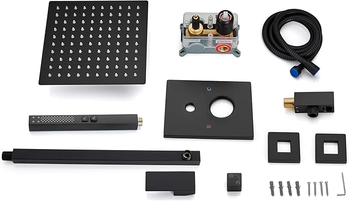 Shower Faucet Set Rainfall Shower System with Square Showerhead and Handle Set Fixture with 2 in 1 Function Handheld Sprayer Wall Mounted Trim Repair Kit Rough-in Valve 8 Inch Matte Black