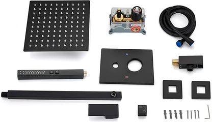 Shower Faucet Set Rainfall Shower System with Square Showerhead and Handle Set Fixture with 2 in 1 Function Handheld Sprayer Wall Mounted Trim Repair Kit Rough-in Valve 8 Inch Matte Black