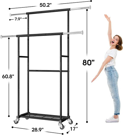 SUFAUY Double Rod 80" Tall Rolling Clothing Garment Rack for Hanging Dresses Clothes, with Caseter Wheels & Adjustable Rod & Shelves, Black