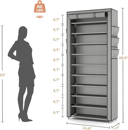 VTRIN Vertical Narrow Shoe Rack Organizer Tall Shoe Rack for Closet Entryway 10 Tier Non-Woven Cover Shoe Shelf Holds 36-41 Pairs Free Standing Shoe Storage Cabinet with Dustproof Cover, Grey