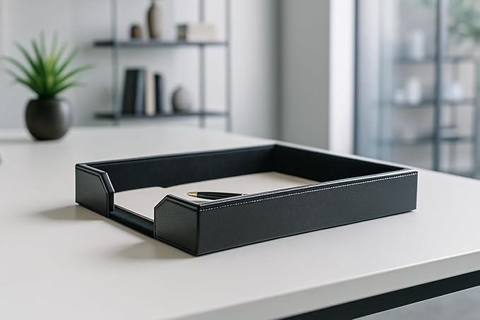 Dacasso Bonded Leather Desktop Tray Luxury Letter Holder & Paper Organizer for Desk, 13.5in x 10.5in x 2.13in, Black