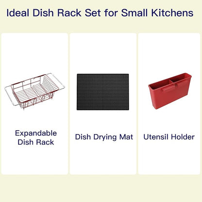 MAJALiS Red Dish Drying Rack Over The Sink with Utensil Holder, Mat | Expandable Stainless Steel Dish Drainer for Small Kitchen, Apartment, RV, Counter Space Saving, Perfect Fit, Rustproof