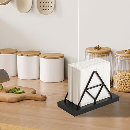Napkin Holder, Metal Wire Triangle Shape & Wooden Paper Towel Holder, Napkin Holder for Table, Modern Napkin Dispenser for Kitchen, Table Decor, Cocktail Bar (Black)