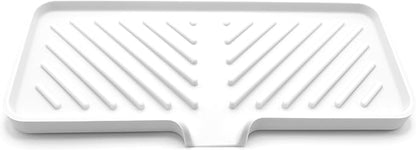 Happitasa Silicone Soap Dish Tray and Sponge Holder with Drain Chute and Feet | 3-Way Sloped Design | Bathroom and Kitchen Sink Organizer Caddy (White, 10"x4")