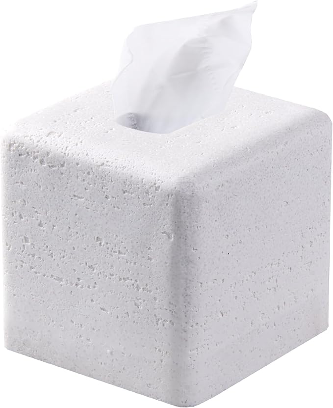 White Sandstone Tissue Box Cover Square for Home Decor,Resin Heavy Tissue Box Holder for Bathroom Countertop,Tabletop,Bedside Table,Office (Handmade of Resin)