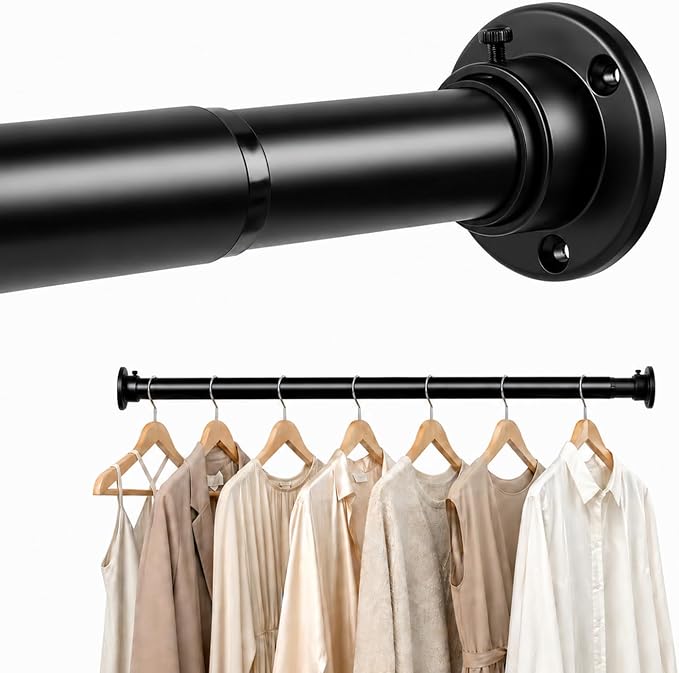 Closet Rod Adjustable 17 to 53 Inch, 1-1/4” Diameter, Closet Rods for Hanging Clothes, Stepless Metal Heavy Duty Hanging Rod for Closet Wardrobes Laundry RV (Black)