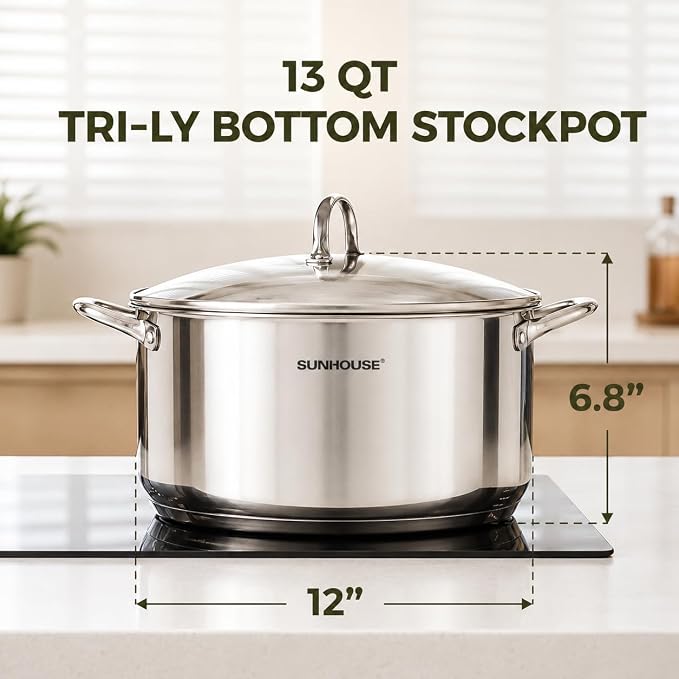 Sunhouse Stock Pot with Lid - 13 QT Large Pot for Cooking Pasta, Soup, Spaghetti - Impact Bonding Base Big Stainless Steel Pots for Canning, Boiling - Oven Safe & Induction Compatible Cookware